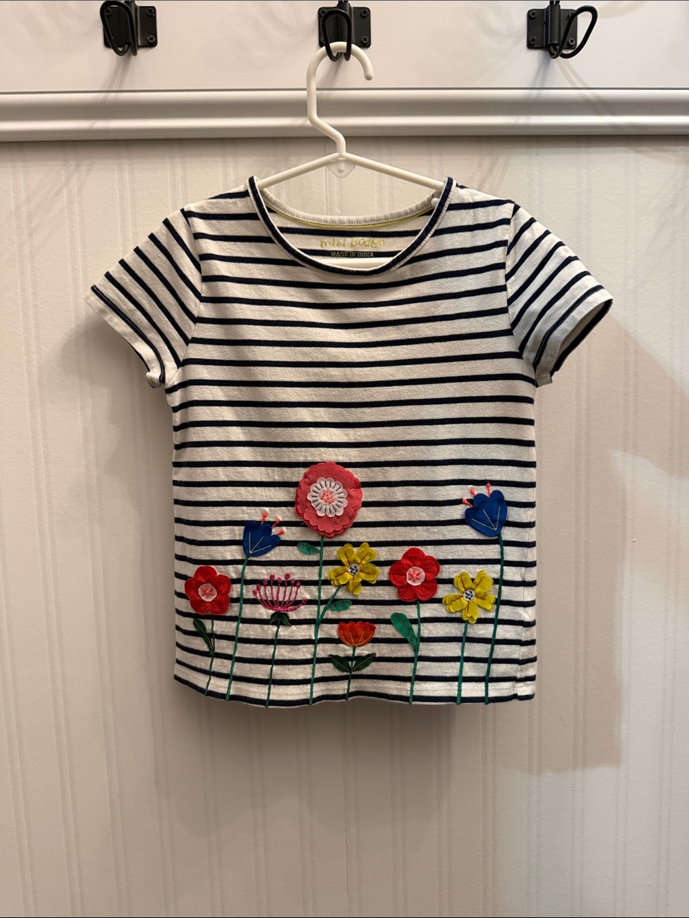 Mini Boden White & Navy Striped Tee with Colorful Floral Appliques